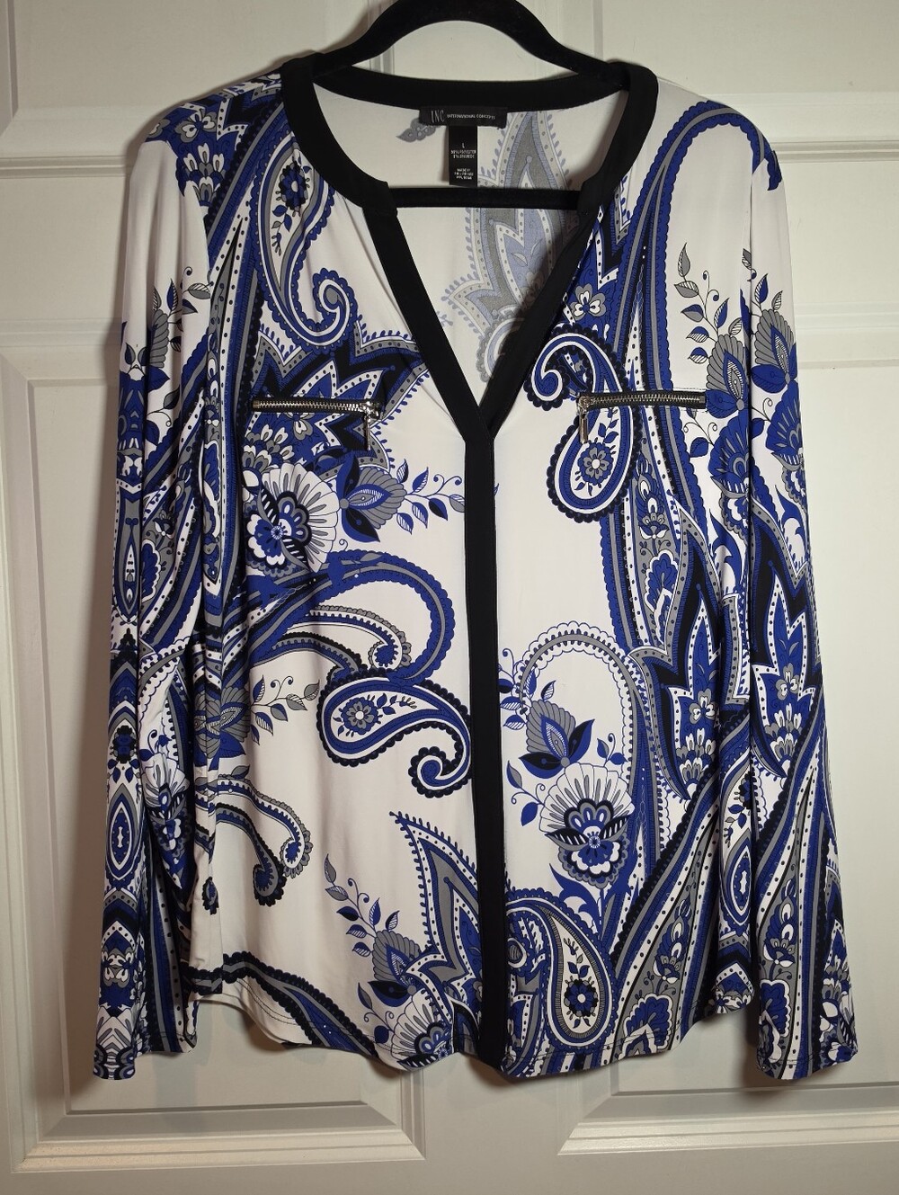 INC International Concepts Blue Paisley V-Neck Blouse L